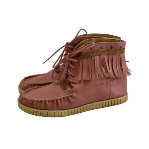 Code West Crae Crae Moccasin Booties Ankle Boots Lace Up Fringe Pink Womens 6.5